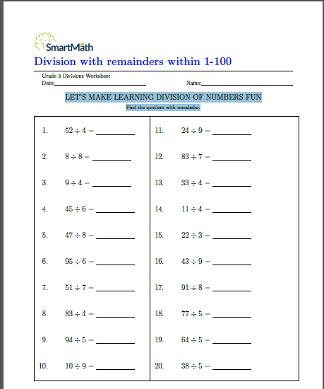 Division with remainders within 1-100 - SmartMathz