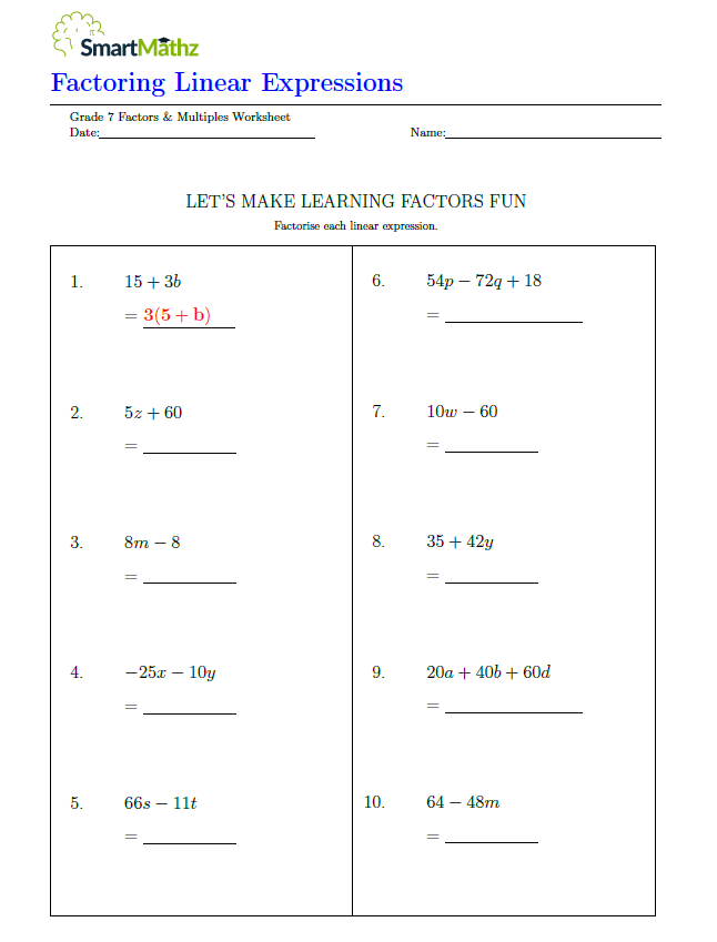 lesson 5 homework practice factoring linear expressions answer key